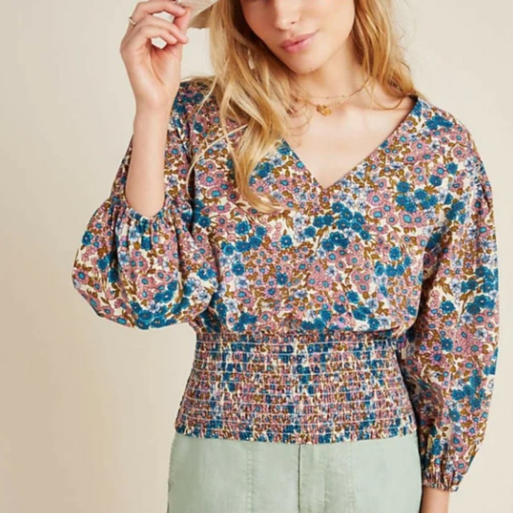 Anthropologie Maeve Odette Smocked Floral Blouse